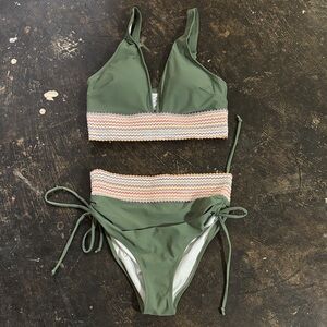 Olive Green Smocked-Trim Two-Piece Bikini Set